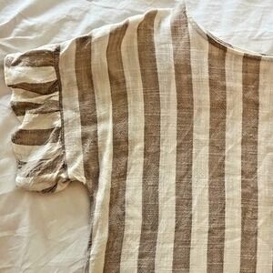 Whispers 100% Linen Top Sz L Ruffle Sleeve Taupe Stripe Lagenlook
